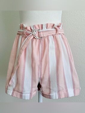 Pink & White Striped Paperbag Waist Shorts | 100% Cotton | Size L Coastal Summer